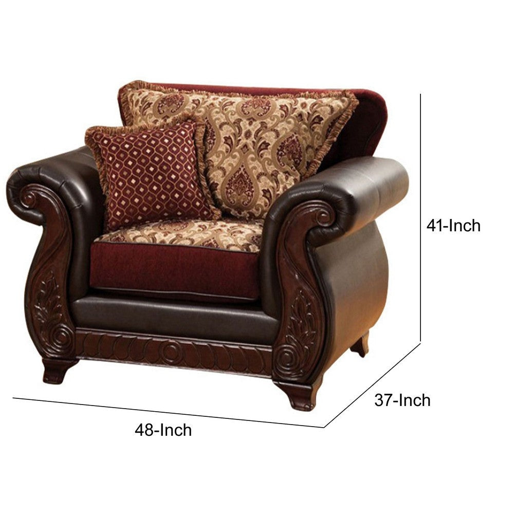 48 Inch Modern Accent Chair Jacquard Vegan Faux Leather Burgundy Brown By Casagear Home FOA-SM6107N-CH