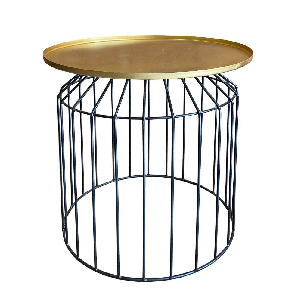 Round Tray Top Metal Accent Side End Table with Tubular Wire Frame Gold and Black I305-HGM022