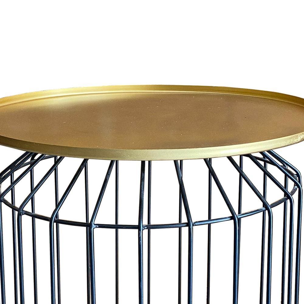 Round Tray Top Metal Accent Side End Table with Tubular Wire Frame Gold and Black I305-HGM022