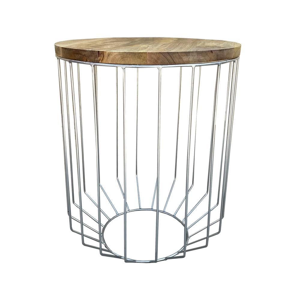 Round Wooden Top Accent Side End Table with Wire Metal Base Light Brown and Chrome I305-HGM023