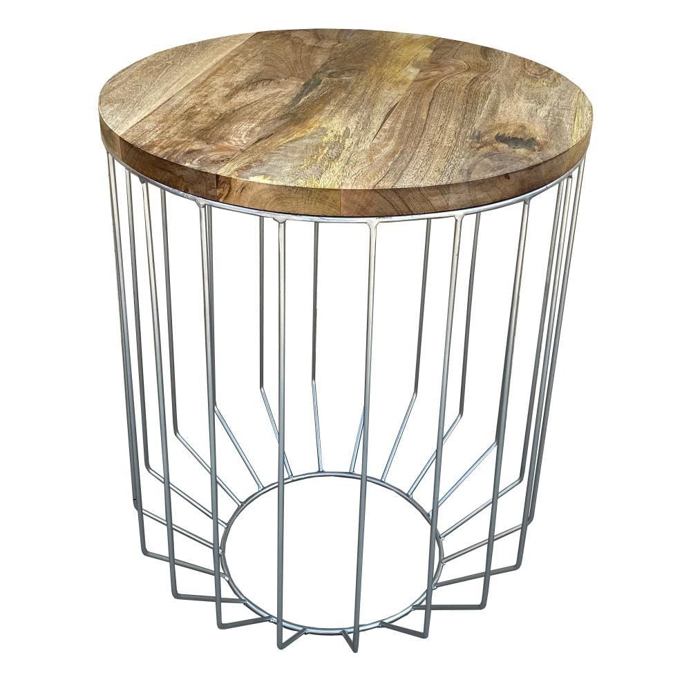 Round Wooden Top Accent Side End Table with Wire Metal Base Light Brown and Chrome I305-HGM023