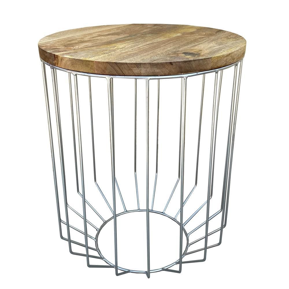 Round Wooden Top Accent Side End Table with Wire Metal Base Light Brown and Chrome I305-HGM023