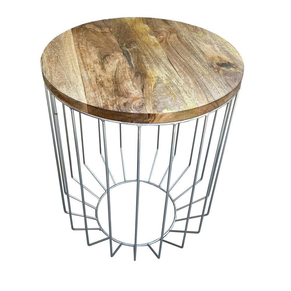 Round Wooden Top Accent Side End Table with Wire Metal Base Light Brown and Chrome I305-HGM023