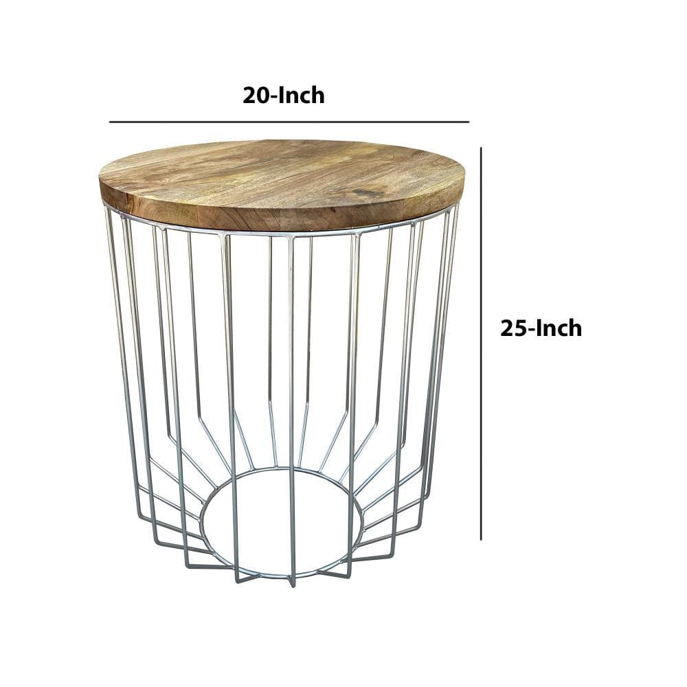 Round Wooden Top Accent Side End Table with Wire Metal Base Light Brown and Chrome I305-HGM023