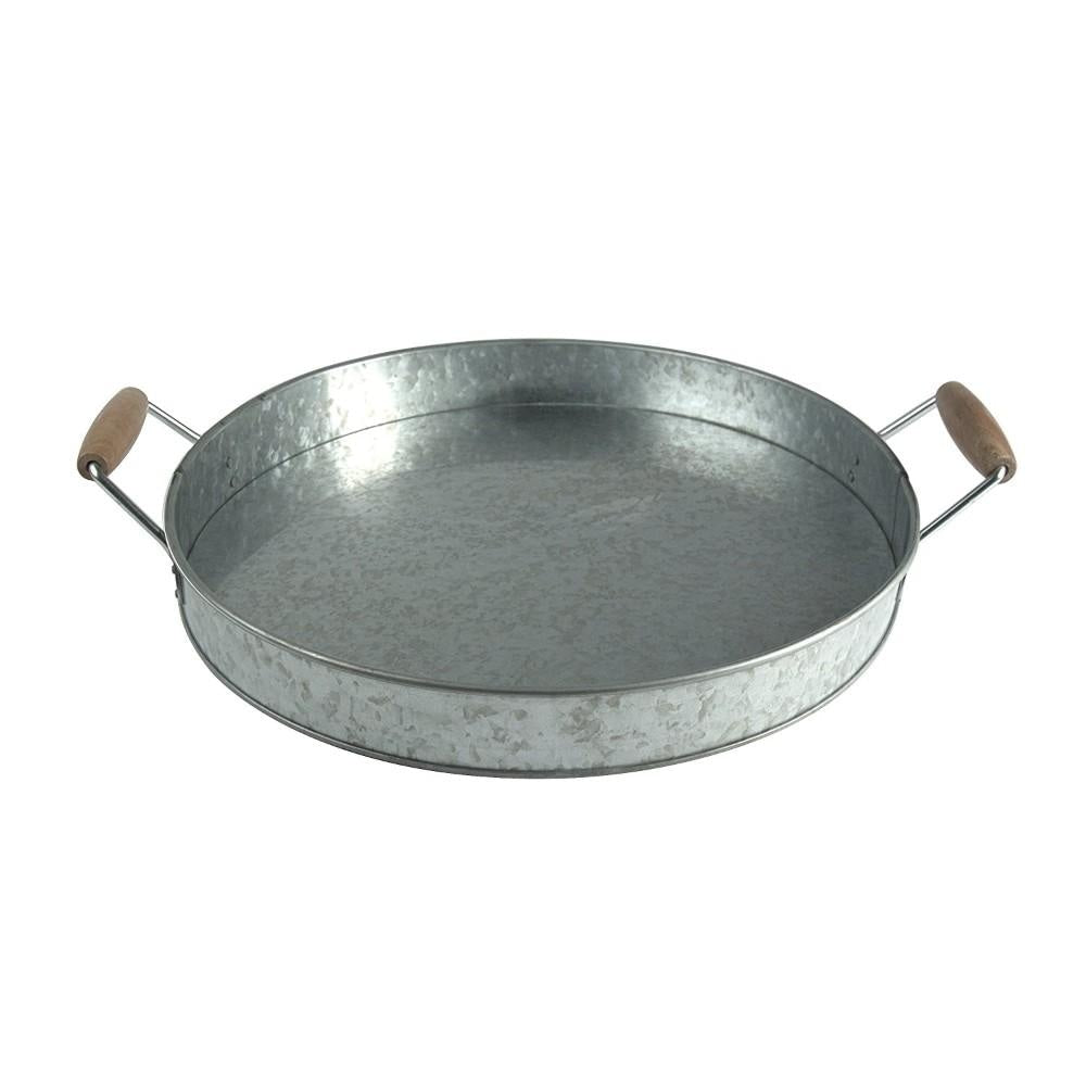 Benzara Round Galvanized Metal Serving Tray With Wooden Handles Gray I457-AMC0002