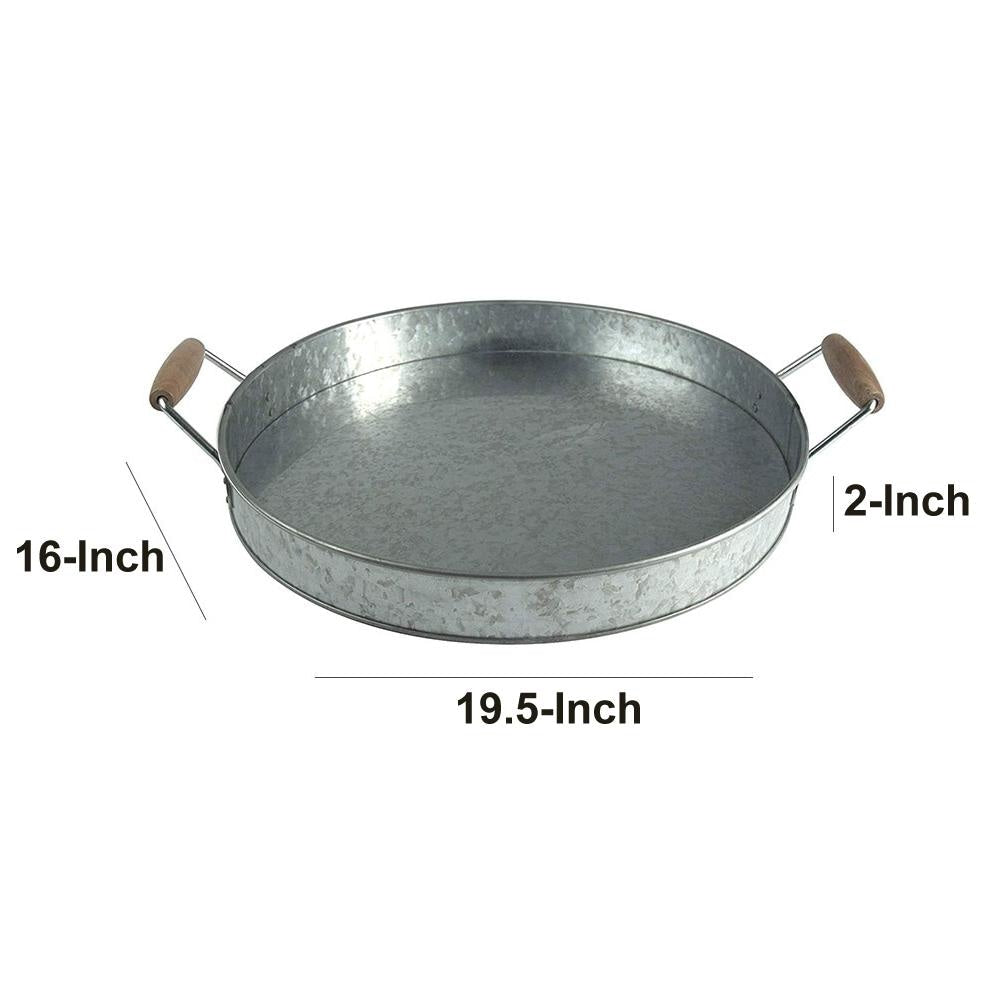 Benzara Round Galvanized Metal Serving Tray With Wooden Handles Gray I457-AMC0002