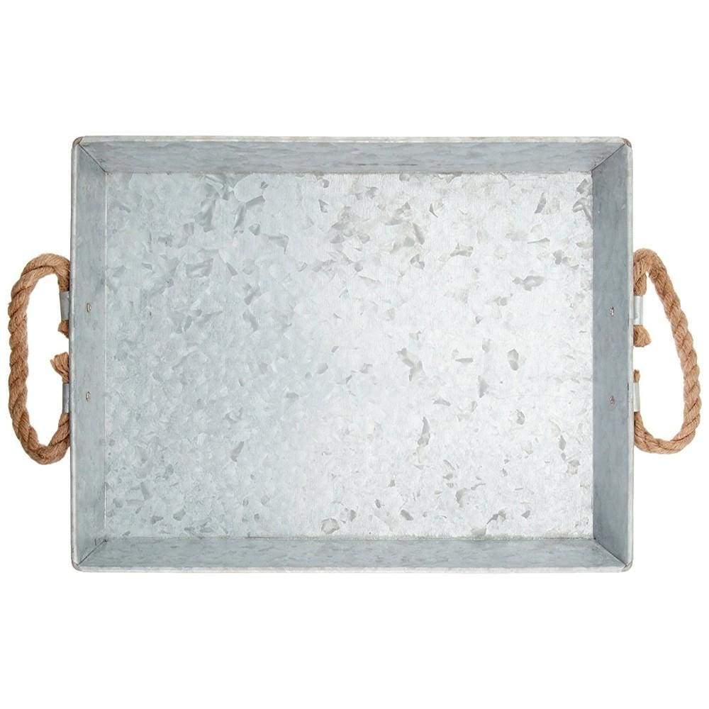 Benzara Mix Media Galvanized Tray With Rope Handles Gray I457-AMC0010