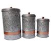 Benzara AMC0014 Galvanized Metal Lidded Canister With Copper Band Set of Three Gray I457-AMC0014