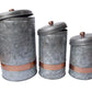 Benzara AMC0014 Galvanized Metal Lidded Canister With Copper Band Set of Three Gray I457-AMC0014