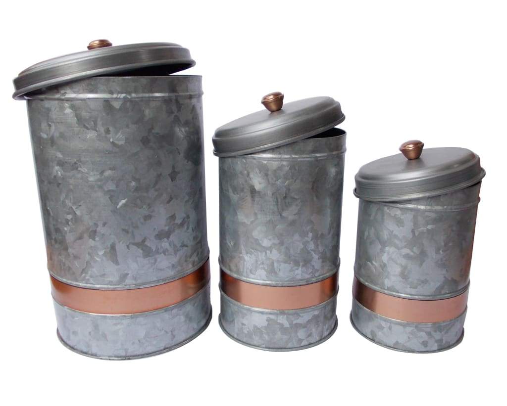 Benzara AMC0014 Galvanized Metal Lidded Canister With Copper Band Set of Three Gray I457-AMC0014