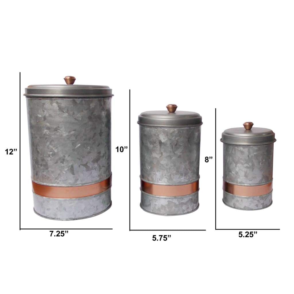 Benzara AMC0014 Galvanized Metal Lidded Canister With Copper Band Set of Three Gray I457-AMC0014