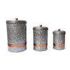 Benzara AMC0014 Galvanized Metal Lidded Canister With Copper Band Set of Three Gray I457-AMC0014