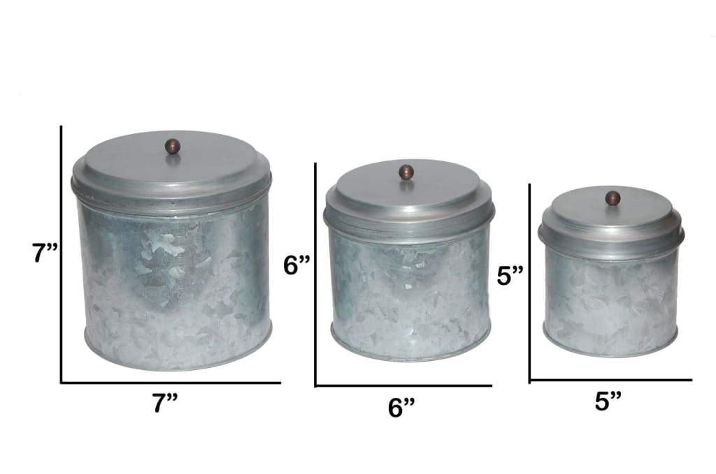 Galvanized Metal Lidded Canister With Ball Knob Set of Three Gray-AMC0015 I457-AMC0015