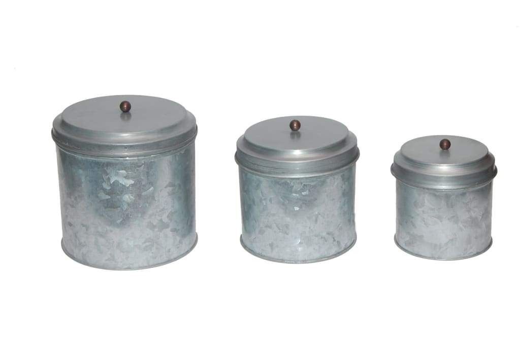 Galvanized Metal Lidded Canister With Ball Knob Set of Three Gray-AMC0015 I457-AMC0015