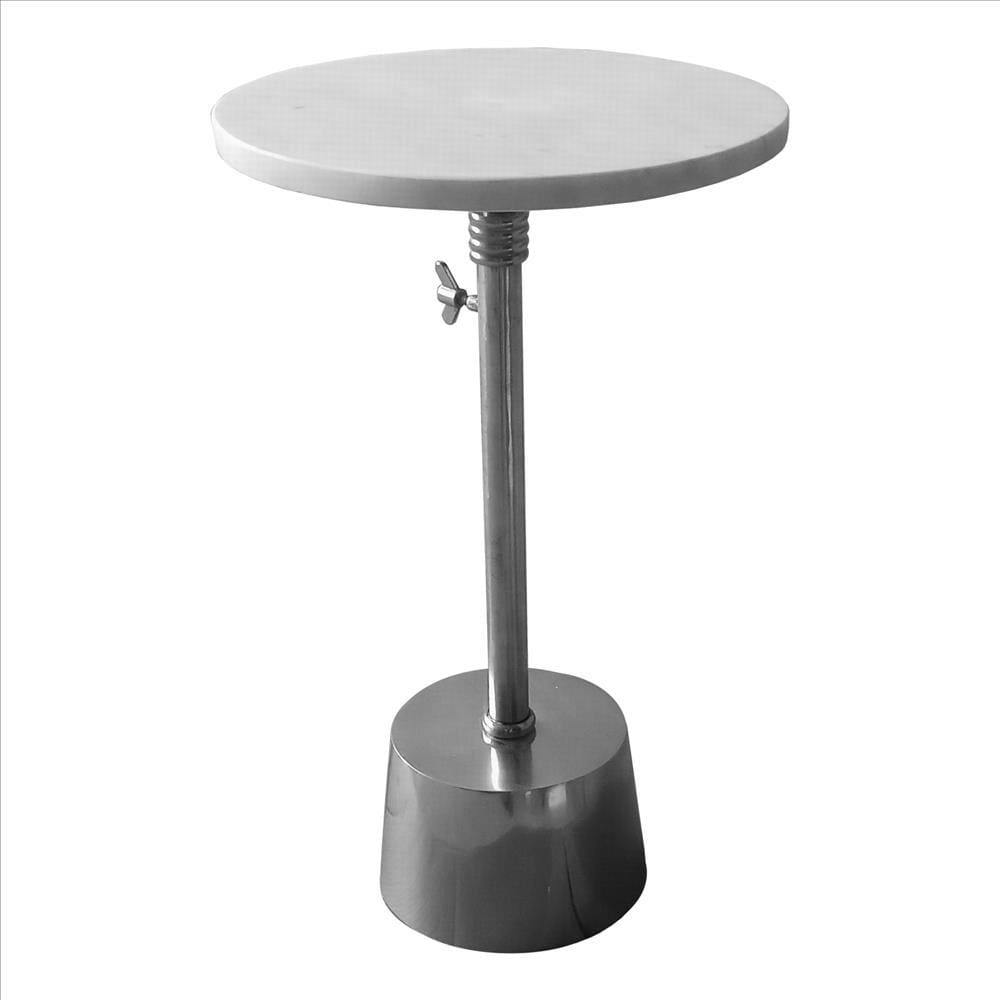 Aluminum Frame Round Side Table with Marble Top and Adjustable Height White and Silver By Casagear Home I457-AMC0022