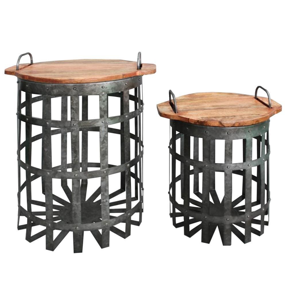 Industrial Grid Galvanized Accent End Table with Round Lid and Handles Set of 2 Gray and Brown By Casagear Home I551-FDS003