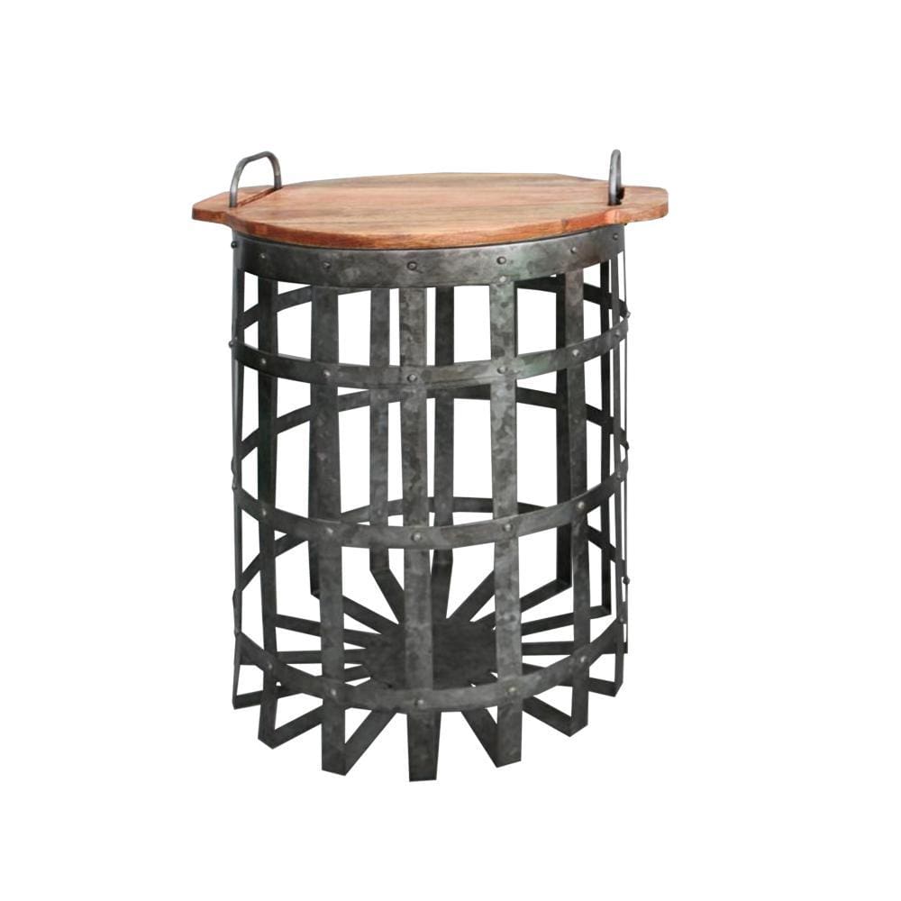 Industrial Grid Galvanized Accent End Table with Round Lid and Handles Set of 2 Gray and Brown By Casagear Home I551-FDS003