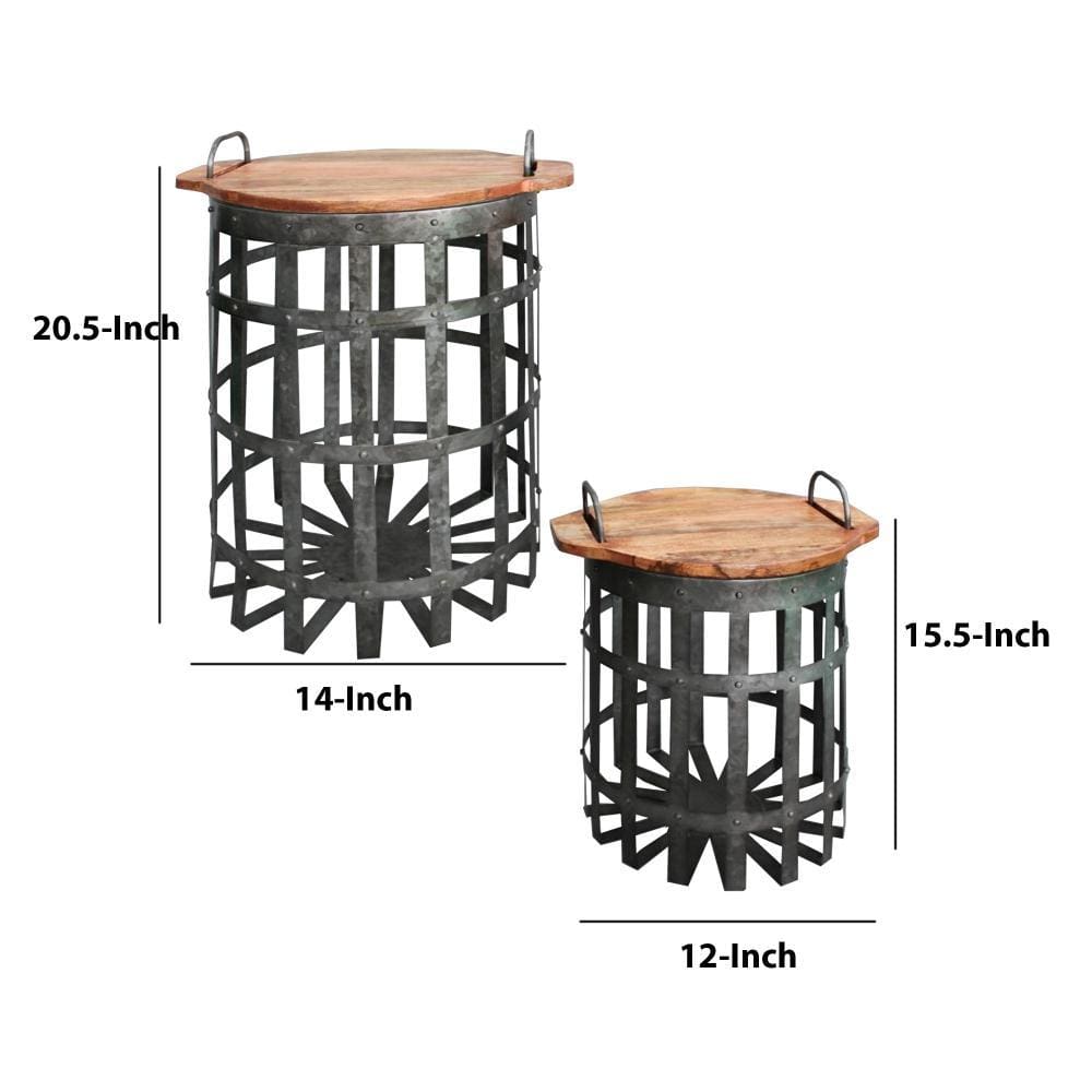 Industrial Grid Galvanized Accent End Table with Round Lid and Handles Set of 2 Gray and Brown By Casagear Home I551-FDS003