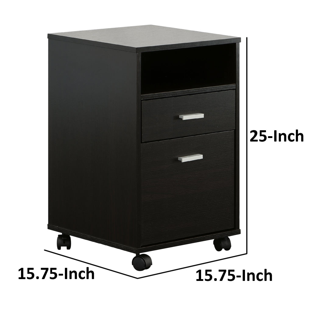 25 Inch 2 Drawer Wood File Cabinet Printer Stand with Open Cubby Rolling Caster Wheels Dark Brown IDF-11491