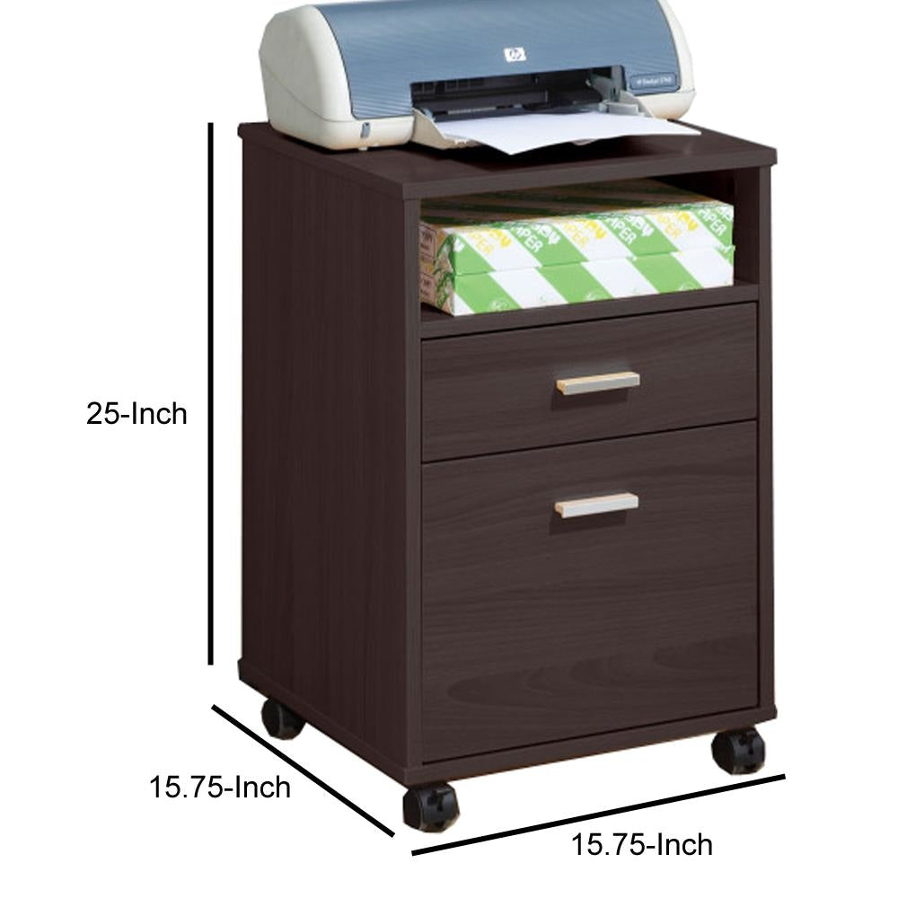 25 Inch 2 Drawer Wood File Cabinet Printer Stand with Open Cubby Rolling Caster Wheels Dark Brown IDF-11491