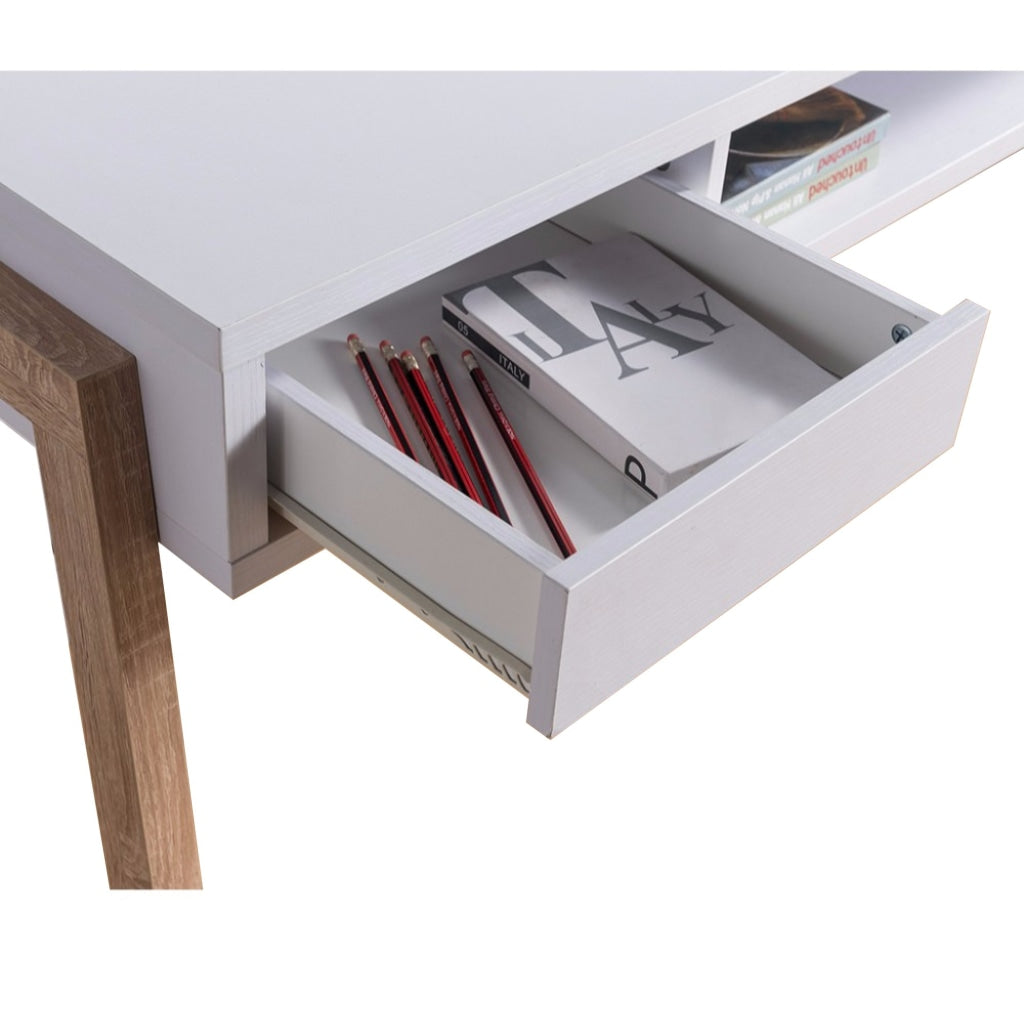 47 Inch Rectangular 2 Tone Wood Home Office Desk Large Open Cubby Space and Drawer White Brown IDF-151400