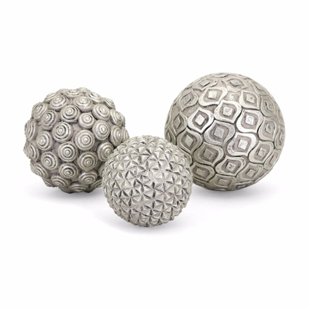 Handcrafted Decorative Orb Ball Textured Polyresin and Glass Set of 3 Antique Silver BM114474