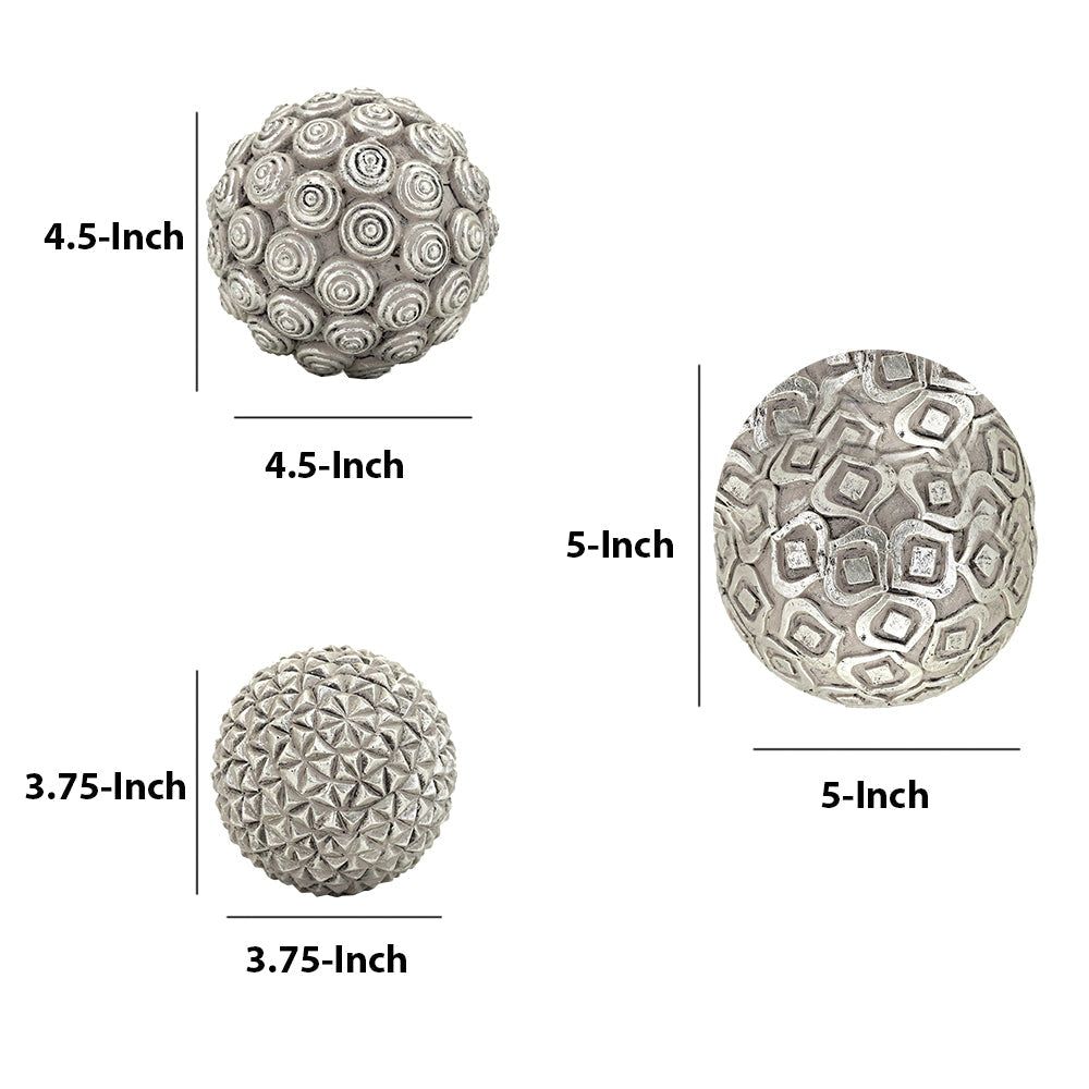 Handcrafted Decorative Orb Ball Textured Polyresin and Glass Set of 3 Antique Silver BM114474