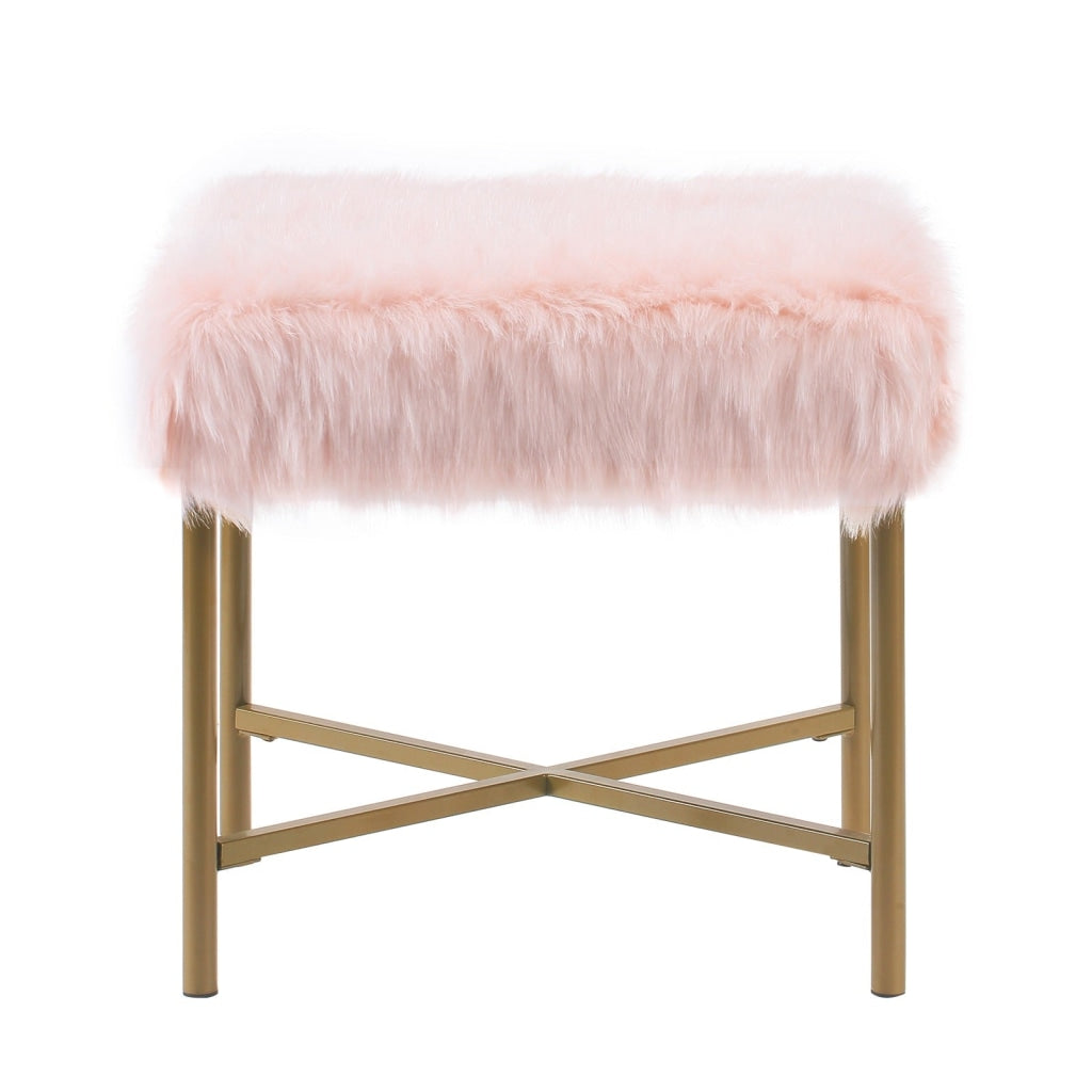 Square Faux Fur Upholstered Ottoman with Tubular Metal Legs and X Shape Base, Pink and Gold By Casagear Home