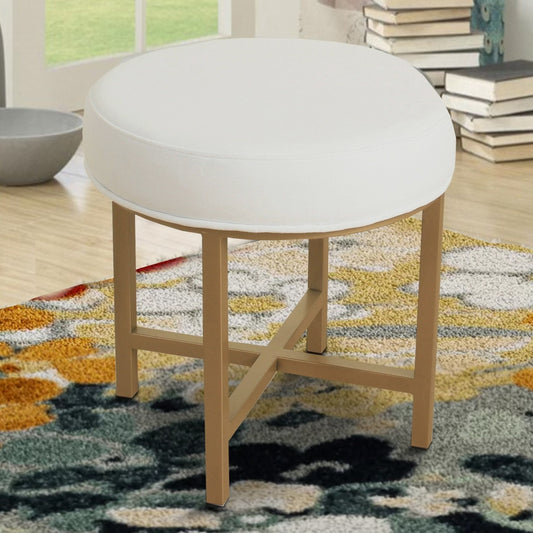 Round Shape Metal Framed Stool with Velvet Upholstered Seat, White and Gold - K7399-B118 By Casagear Home