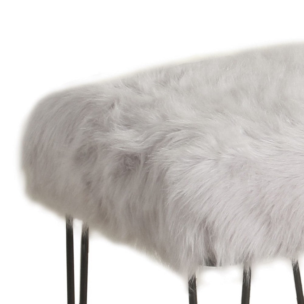 Metal Framed Stool with Faux Fur Upholstered Seat and Hairpin Legs Gray and Black By Casagear Home KFN-K7573-B234