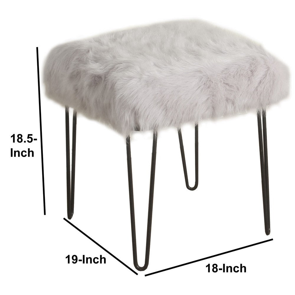 Metal Framed Stool with Faux Fur Upholstered Seat and Hairpin Legs Gray and Black By Casagear Home KFN-K7573-B234