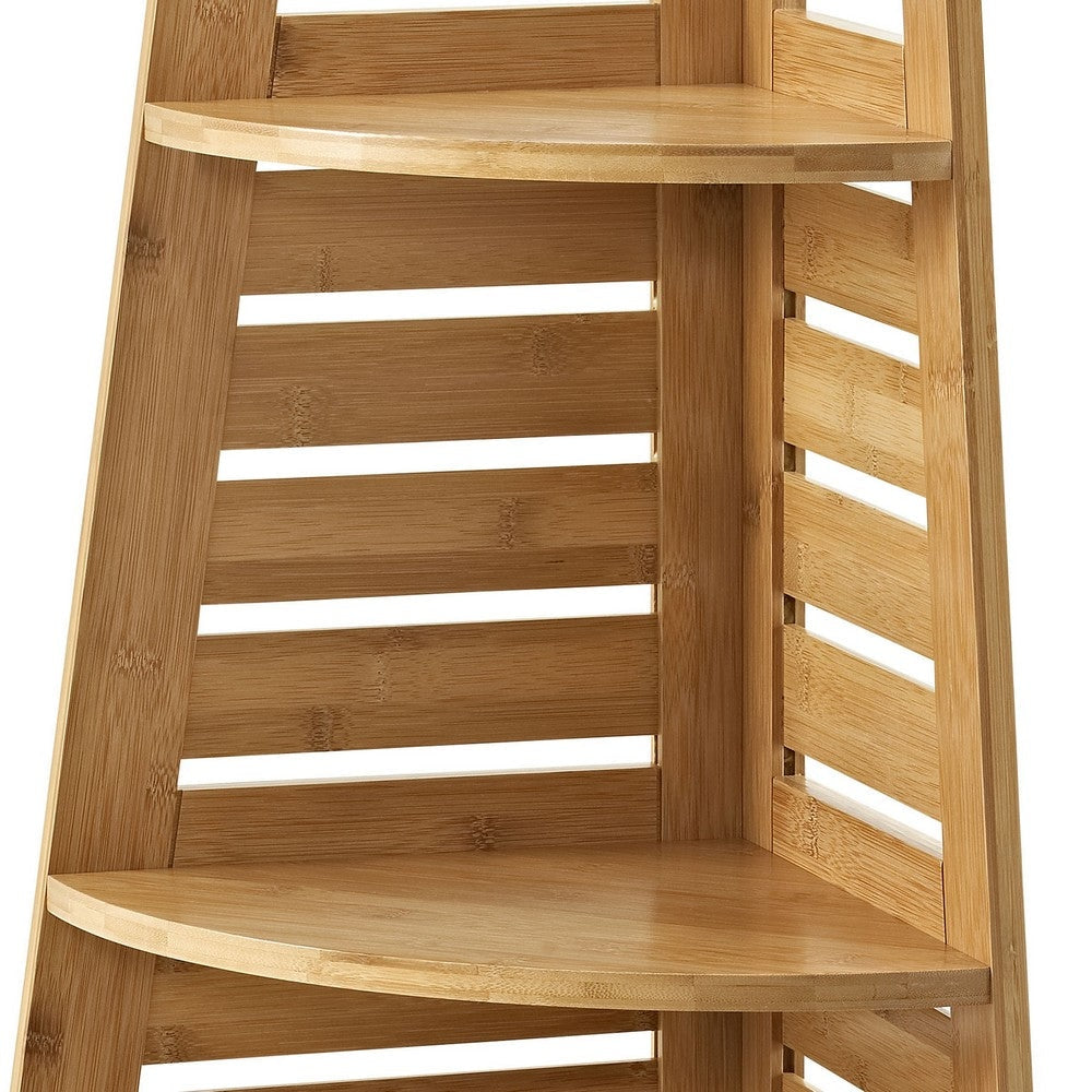 Slated Design 3 Tier Bamboo Corner Shelf with Spacious Storage Brown By Casagear Home LHD-980213NAT01U