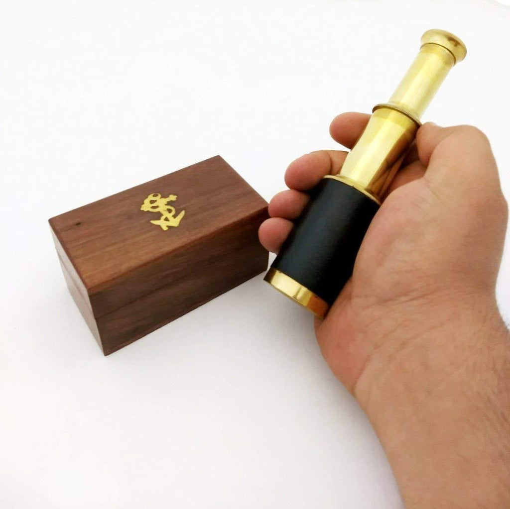 6 Inch Brass Spyglass with Pull Out Wooden Box Gold and Brown NAU-BR48256