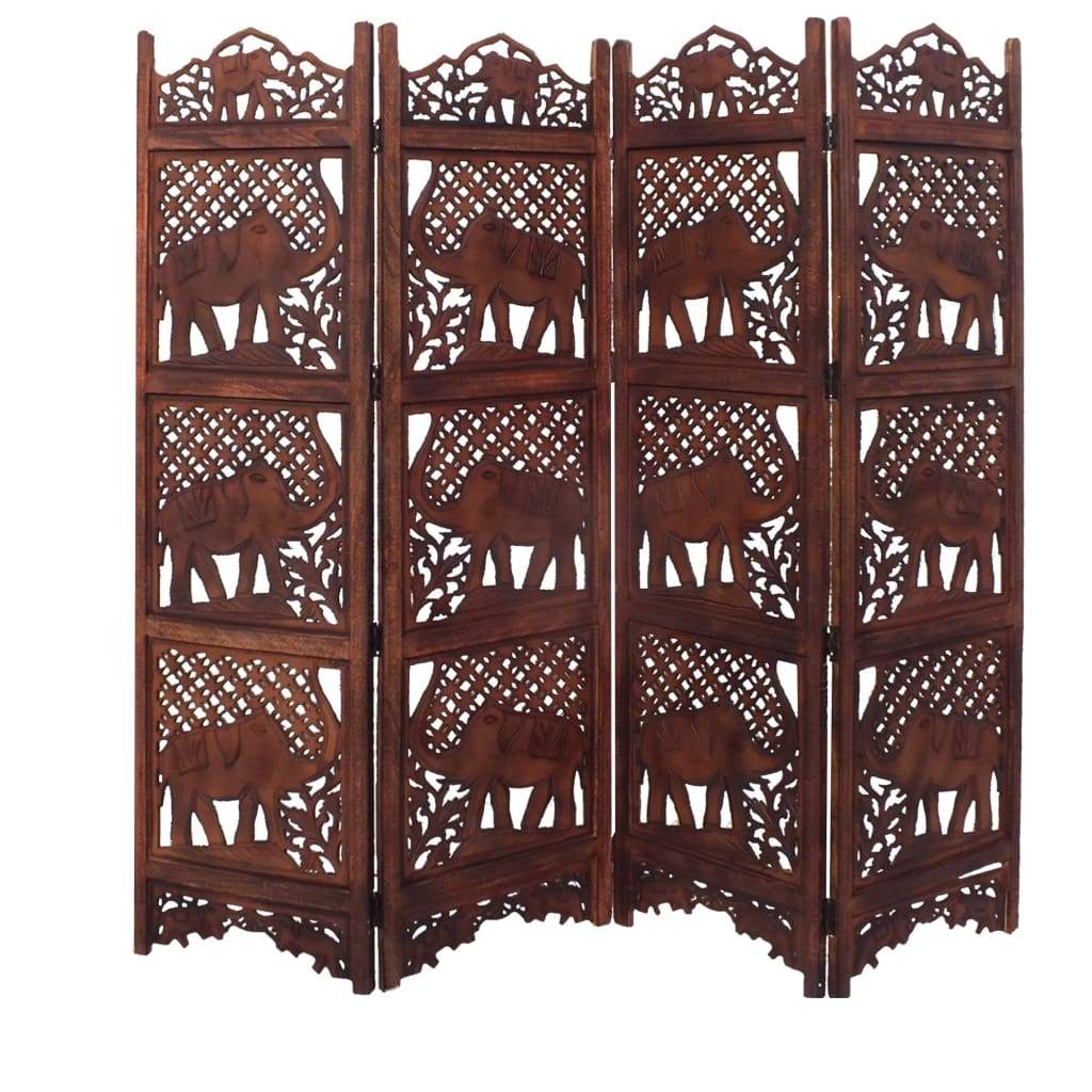 Hand Carved Elephant Design Foldable 4-Panel Wooden Room Divider Brown- Benzara NAU-SH1588