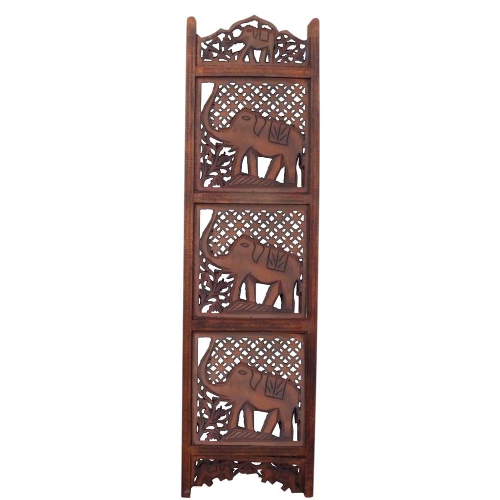 Hand Carved Elephant Design Foldable 4-Panel Wooden Room Divider Brown- Benzara NAU-SH1588