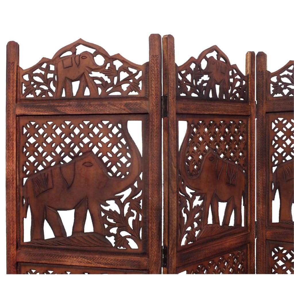 Hand Carved Elephant Design Foldable 4-Panel Wooden Room Divider Brown- Benzara NAU-SH1588