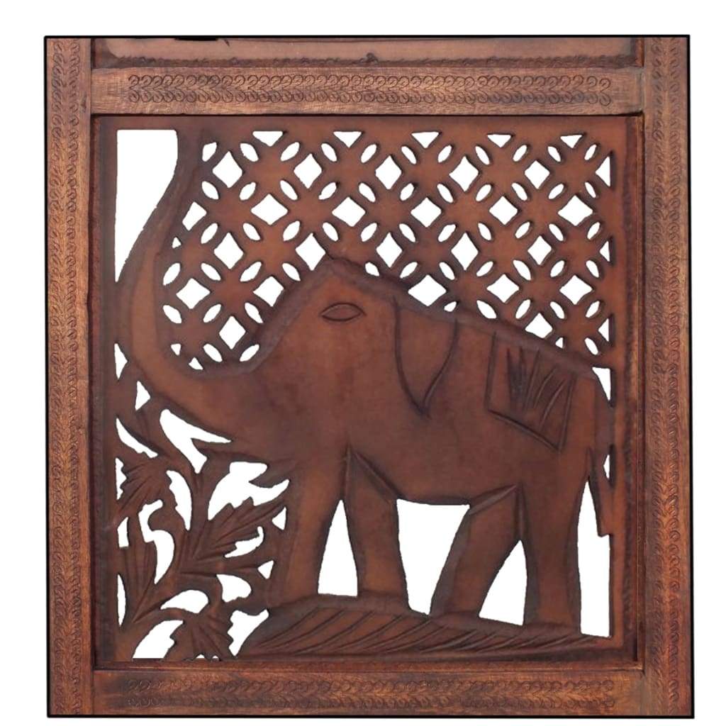 Hand Carved Elephant Design Foldable 4-Panel Wooden Room Divider Brown- Benzara NAU-SH1588