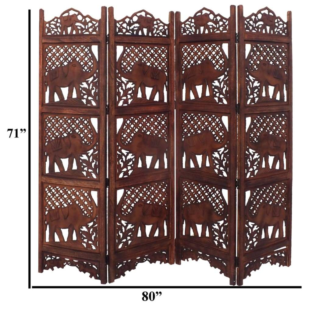 Hand Carved Elephant Design Foldable 4-Panel Wooden Room Divider Brown- Benzara NAU-SH1588