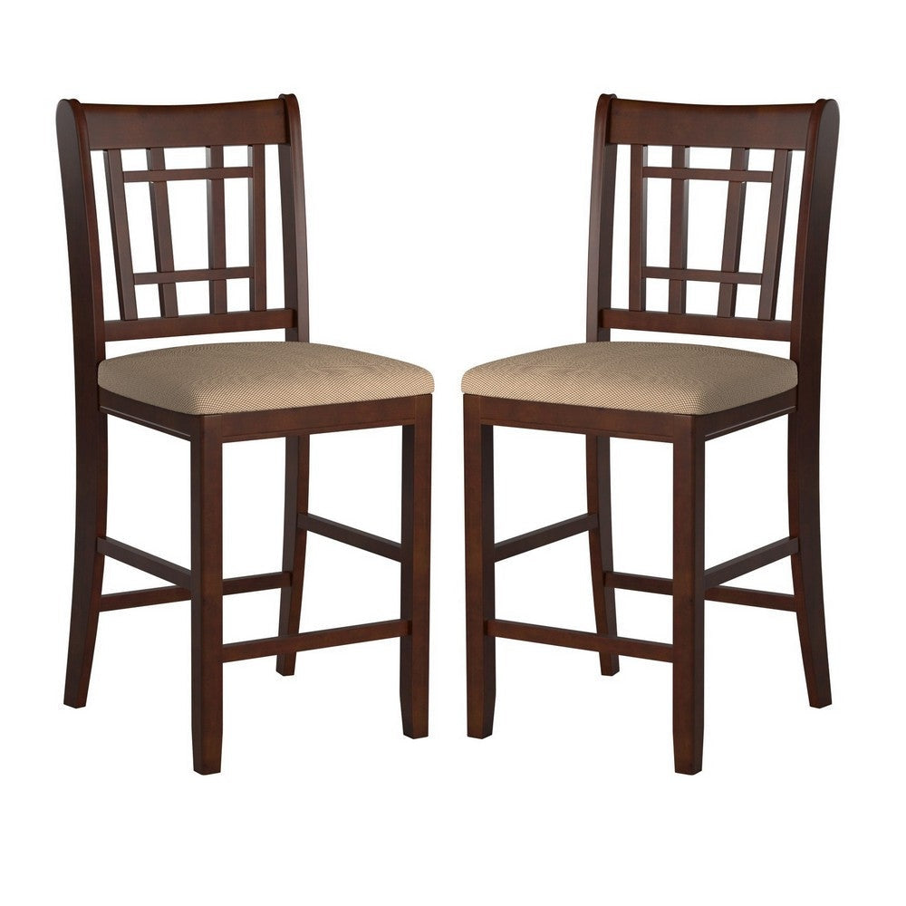 Wooden Counter Height Chair, Dark Brown & Cream, Set of 2 By Casagear Home