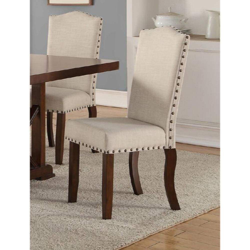 Rubber Wood Dining Chair With Nail Head Trim, Set Of 2, Brown And Cream