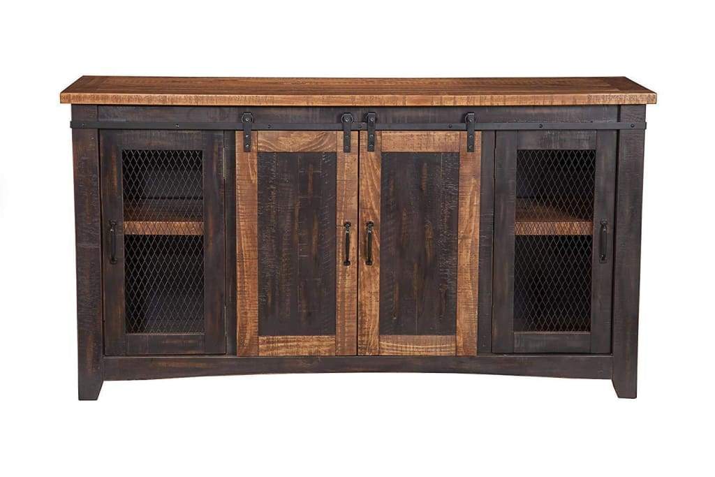 Dual Tone Wood and Metal TV Stand With 2 Mesh Style Doors Antique Black and Brown SDF-90905