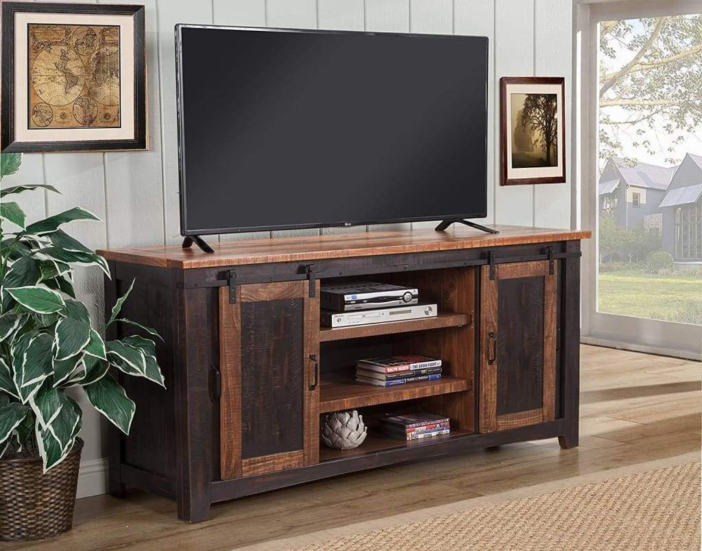 Dual Tone Wood and Metal TV Stand With 2 Mesh Style Doors Antique Black and Brown SDF-90905