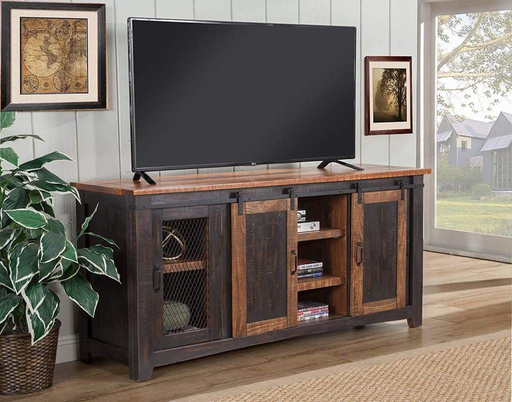 Dual Tone Wood and Metal TV Stand With 2 Mesh Style Doors Antique Black and Brown SDF-90905