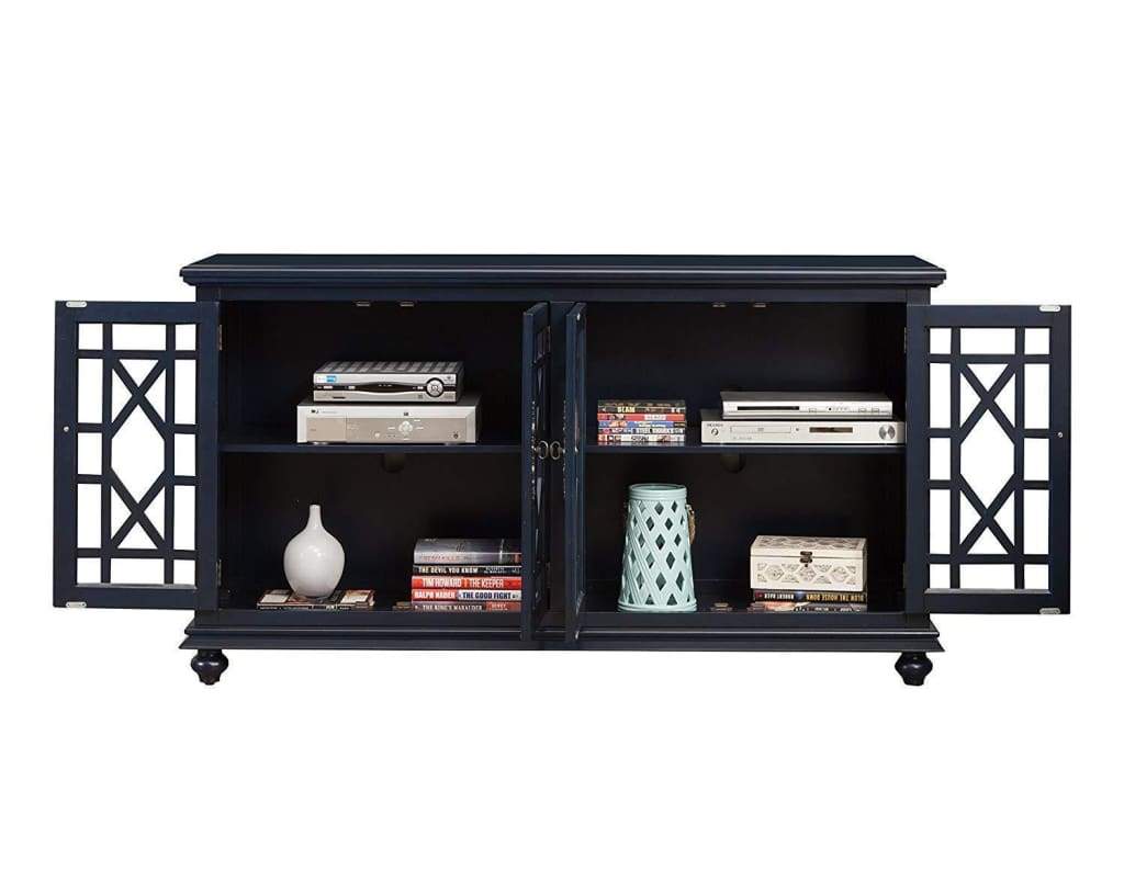 Wooden TV Stand With Trellis Detailed Doors Blue SDF-91005