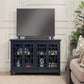 Wooden TV Stand With Trellis Detailed Doors, Blue