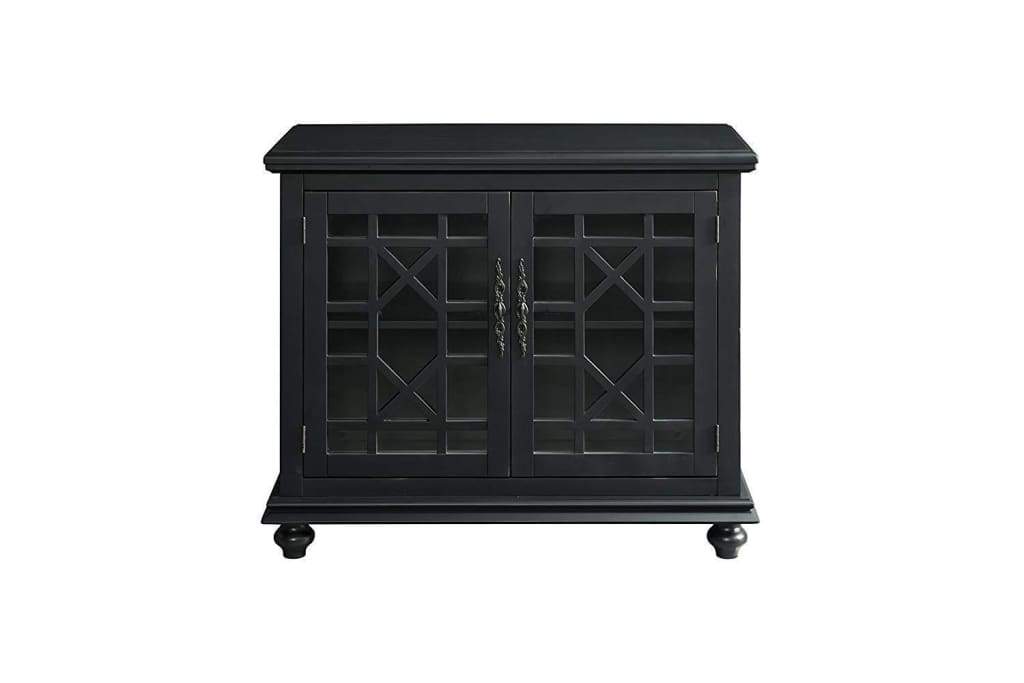 Wooden TV Stand With Trellis Detailed Doors Antique Black SDF-91032