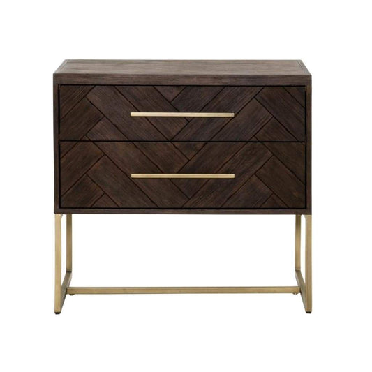 Mosaic Patterned Two Drawers Nightstand, Rustic Java Brown