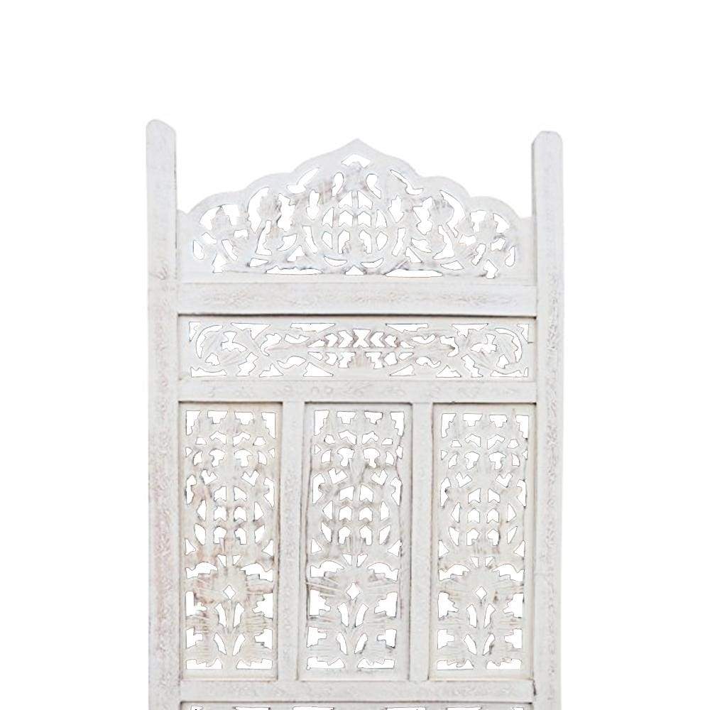 Aesthetically Carved 4 Panel Wooden Partition Screen/Room Divider Distressed White UPT-148945