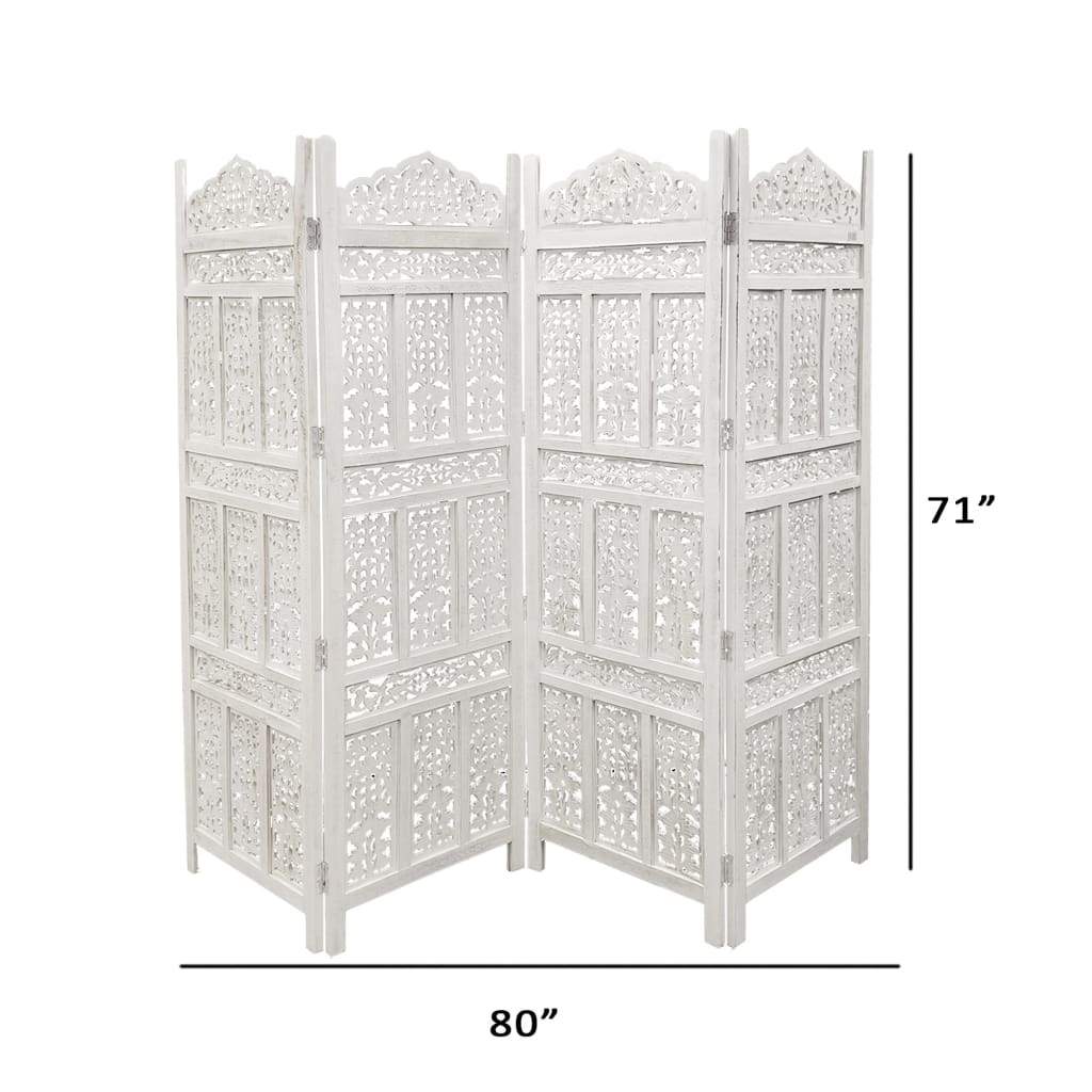 Aesthetically Carved 4 Panel Wooden Partition Screen/Room Divider Distressed White UPT-148945