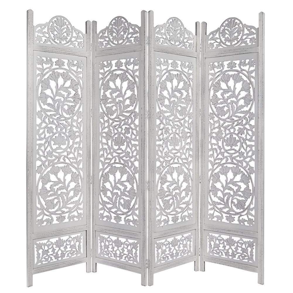 Handcrafted Wooden 4 Panel Room Divider Screen Featuring Lotus Pattern-Reversible White UPT-176788